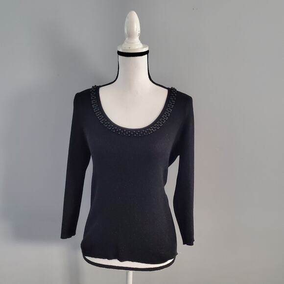 August Silk Knits Silk Blend Beaded Collar Black Sweater M - Picture 1 of 6